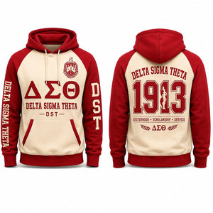 Sweat-shirt à capuche Delta Sigma Theta rouge et crème, manches raglan, lettres grecques 1913 imprimées au dos, unisexe, décontracté, pour l'automne - Product Image 1