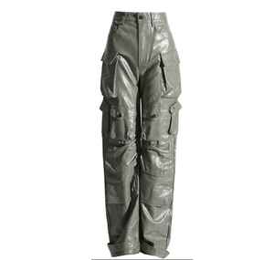 High Waist Plus Size Cargo Pants <b>Women</b> Loose Fit Full Length Utility Style With Multiple Pockets Solid Color PU Coated Wear - Product Image 1