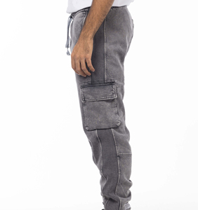 Pantalon cargo décontracté gris en coton et laine pour homme, taille élastique, plusieurs poches, style automne, délavé à l'acide, coupe droite vintage - Product Image 2