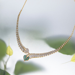 Asymmetrical Leaf Motif Green <b>Stone</b> and Diamond Collar Necklace - Product Image 4