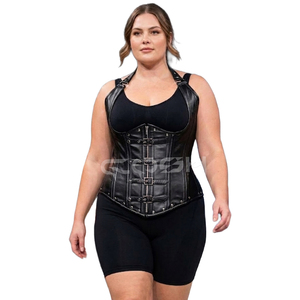 Premium Quality Underbust Steelboned Black Leather Neck Halter <b>Corset</b> With Front Buckles And Zipper Closure - Product Image 1
