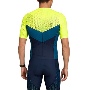 Combinaison de cyclisme pour homme, jaune fluo et bleu, aérodynamique, séchage rapide, compression modérée, extensible dans les 4 sens, manches courtes, fermeture éclair intégrale - Product Image 6