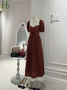 Natural Woven <b>Lace</b>-<b>up</b> Elastic <b>Corset</b> Puff Sleeve A-Line Midi Dress Elegant Party Polyester Breathable Lightweight OEM Service - Product Image 3