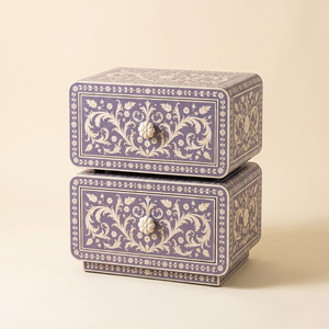 Bone Inlay Bedside Table With 2 <b>Drawers</b> Luxury Lavender Floral Nightstand Premium Indian Handicrafts Wooden <b>Side</b> Table - Product Image 1