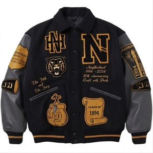 Custom Black Varsity <b>Jacket</b> with Gray <b>Faux</b> <b>Leather</b> Sleeves, Gold Applique Patches, Button Front and Striped Ribbed Hem Cuff - Product Image 1