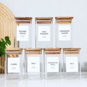 24X8 once di vaso di spezie in vetro borosilicato alto coperchio di bambù contenitore di condimento quadrato vuoto 72 etichette scritte a mano 20 stampate" - Product Image 1
