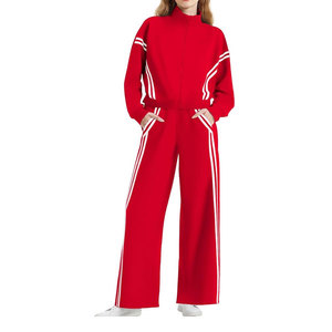 Ensemble de survêtement vintage 2 pièces pour femme, avec fermeture éclair, pantalon de jogging à jambes larges, idéal pour les voyages, 100 % coton, écologique - Product Image 1