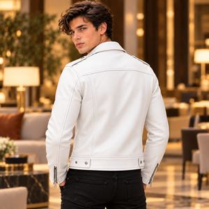 Veste de moto en cuir blanc pour homme, en cuir de vache véritable, style motard, coupe ajustée, vintage, punk rock, fermeture éclair - Product Image 6