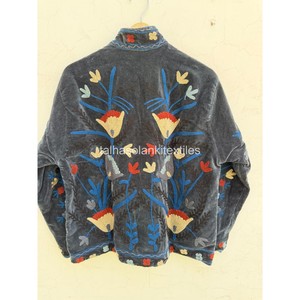 Indian Suzani <b>Velvet</b> Jacket Floral Embroidered <b>Velvet</b> Blouson <b>Women</b> Mandarin Collar Full Sleeve <b>Coat</b> Handmade Embroidery Design - Product Image 3