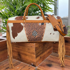 Venta caliente de alta calidad de cuero mecanizado patrón a cuadros flecos bolsa de lona de viaje de cuero de vaca genuino para Unisex - Product Image 4