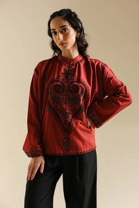 Kurta en coton brodé rouge pour femmes, vêtement traditionnel ample, style ethnique Inde Pakistan, toutes saisons, décontracté - Product Image 3