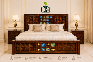 CIA Solid Wood King Size <b>Platform</b> Adjustable Storage <b>Bed</b> Hand Carved Traditional Design Rosewood with Geometric Panels - Product Image 1