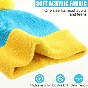 Bonnet unisexe mignon avec pompon jaune, bonnet d'hiver en tricot bicolore bleu et jaune pour adultes, usage décontracté - Product Image 3
