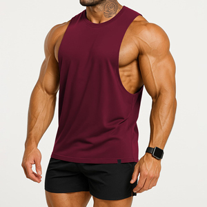 Camiseta sin mangas para hombre, color borgoña, cuello redondo, color sólido, de secado rápido, tejida, para entrenamiento. - Product Image 2