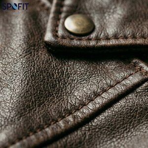 SPOFIT <b>Men's</b> Genuine <b>Leather</b> Moto <b>Jacket</b> Mandarin Collar Zipper Closure Solid Color Autumn Regular Fit Biker Style Embossed - Product Image 6