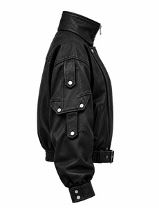Black PU <b>Leather</b> Motorcycle <b>Jacket</b> Moto Biker Outerwear Zipper Collar <b>Long</b> Sleeve Casual Autumn Winter - Product Image 2