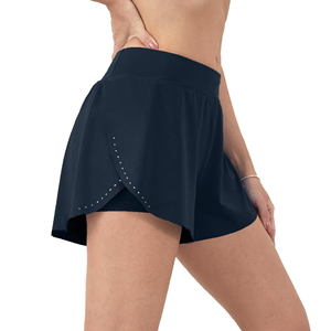 Shorts de sport pour femmes en tricot bleu marine à taille haute, séchage rapide, taille élastique, coupe régulière, couleur unie - Product Image 3