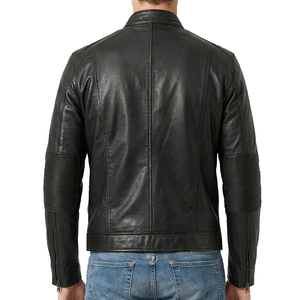 Blouson en cuir véritable pour homme, coupe ajustée, style motard, vintage, noir, col montant, vêtement d'extérieur - Product Image 2