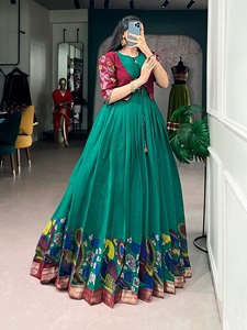 Artisan Kalamkari Chanderi Maxi Dress With Coordinated Open Front <b>Jacket</b> Zari Border Flared Ethnic <b>Womens</b> Occasion Outfit - Product Image 4