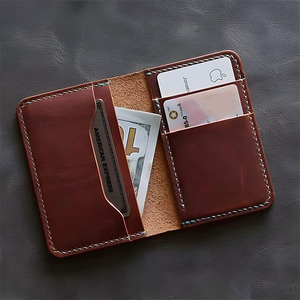 <b>Brown</b> Crazy Horse Leather <b>Men's</b> Vertical Bifold <b>Wallet</b> White Contrast Hand Stitching Slim Multiple Card Slots Cash Organizer - Product Image 6