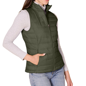 <b>Women's</b> Olive Green Quilted Puffer <b>Vest</b> Sleeveless Zipper Front Windproof Casual Outerwear - Product Image 2