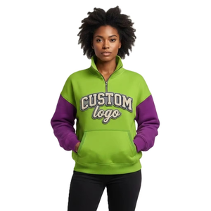 Custom Logo Green Oversized Stand Collar Sweatshirt Half Zip Drop-Shoulder Full Sleeve Knitted Print Casual Women's Hoodies Top - Product Image 1