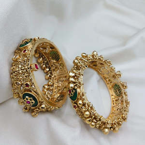 Radiant Pota Stone and Pearl Openable Charm <b>Bangles</b> <b>Set</b>-Vintage Brass Jewelry - Product Image 1