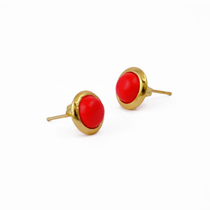 Pendientes de tuerca de coral rojo, piedra de nacimiento de marzo, hechos a mano, con engaste de bisel redondo, joyería artesanal delicada para uso diario - Product Image 4