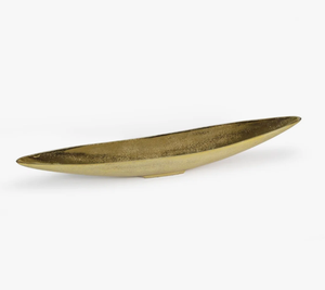 Plateau décoratif allongé en laiton doré, forme bateau ou canoë, avec motif vague méridienne, plat de présentation métallique conique - Product Image 1