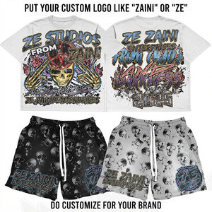 Men <b>T</b> <b>Shirt</b> and Short Set Premium Cotton Jersey 240 GSM <b>Black</b> White Custom Logo Distressed Screen Print Streetwear Two Piece Set - Product Image 1