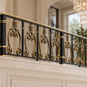 Rampe d'escalier en métal noir d'inspiration patrimoniale avec balustres dorés pour escaliers imposants et grands intérieurs - Product Image 3