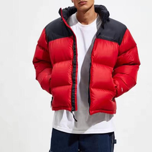 Men's Red Black Color Block Puffer Jacket Stand Collar Zipper Closure Windproof Casual Winter Wear Polyester Filling Standard - Product Image 2