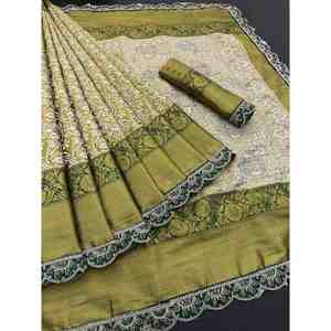 DESIGNER KANJIVARAM SOIE ZARI TISSING AVEC BRODERIE SÉQUENCE BORDER WORK SAREE AVEC CHEMISIER NON COUDU VERT - Product Image 1