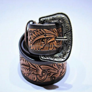 Hand <b>Tooled</b> Western Leather <b>Belt</b> Unisex Cowboy Leather <b>Belt</b> Metal Buckle Vintage Style Floral Embossed Western <b>Tooling</b> <b>Belt</b> - Product Image 3