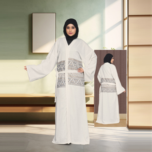 Abaya Holgada de Lino con Frente Abierto, Detalles de Lentejuelas Bordadas, Diseño con Cinturón, Elegante y Modesta, Larga hasta el Suelo, para Eid y Ramadán - Product Image 5