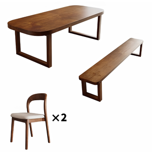 Ensemble de salle à manger en bois de teck et noyer moyen, table ovale moderne avec banc et chaises - Product Image 3