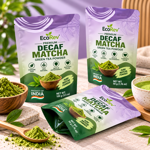 EcoRev Premium Matcha Green Tea Powder 100g Bag with Valve Resealable Stand <b>Pouch</b> Zipper Top Food Grade Packaging India Origin - Product Image 5