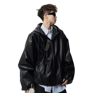 Veste d'hiver décontractée pour homme, mode coréenne, courte, surdimensionnée, en cuir PU noir avec capuche, fermeture éclair, douce, chaude, vêtements amples - Product Image 6