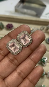 Emerald Cut Rose Quartz and Diamond Flower <b>Silver</b> <b>Stud</b> Earrings 92.5 Sterling <b>Silver</b> Earring - Product Image 1