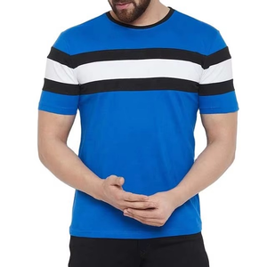 Camiseta Unisex Azul con Rayas en Contraste, Diseño de Panel en el Pecho, Corte Ajustado Informal, Cuello Redondo, Ropa de Calle de Verano, Moderna y Suave - Product Image 6