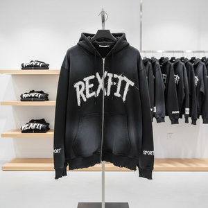 Sweat à capuche zippé Rexfit Sports OEM personnalisé, effet délavé et vieilli, en molleton épais, style streetwear, fermeture éclair intégrale - Product Image 2
