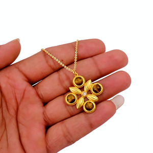 Tiger Eye Round Cabochon Gemstone in 18K Gold Plated Brass Pendant <b>Necklace</b> Bohemian Style Clover Shape <b>Statement</b> Jewelry - Product Image 3