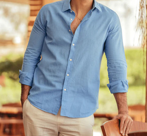 Chemise à manches longues boutonnée pour homme, chemises en lin et coton, chemise à manches longues en pur coton pour homme, logo personnalisé - Product Image 4