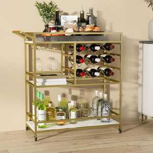Carrito de Bar de Lujo en Oro Rosa y Negro, de 2 Niveles, Moderno, con Ruedas, con Estante para Botellas y Portavasos, para Decoración de Fiestas - Product Image 5