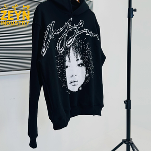 Sweat-shirt à capuche oversize ZEYN INDUSTRY, imprimé pailleté, motif visage en strass, unisexe, streetwear, automne, noir, coton, français - Product Image 2