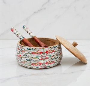 Handmade Wooden Serving <b>Bowl</b> <b>With</b> <b>Lid</b> And Printed Salad Servers Floral Design Acacia Wood Food Container - Product Image 1