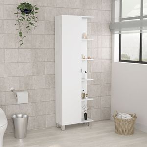 Mobiletto angolare Urano a porta singola in lino bianco con cinque ripiani esterni e quattro interni per l'organizzazione del bagno - Product Image 1
