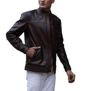 Men's Classic <b>Brown</b> Caf Racer <b>Leather</b> <b>Jacket</b> with Mandarin Collar - Product Image 5