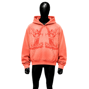 Sweat à capuche graphique unisexe Rouge Corail Ailes d'Ange, style vintage oversize streetwear, effet délavé, artistique, grammage lourd, mode - Product Image 1