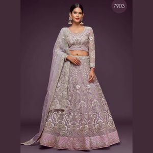 Premium Soft <b>Net</b> A-Line Lehenga Choli with Zari Badla Thread and Glitter Dori Embroidery <b>Dupatta</b> | Semi Stitched Lehenga Set - Product Image 3